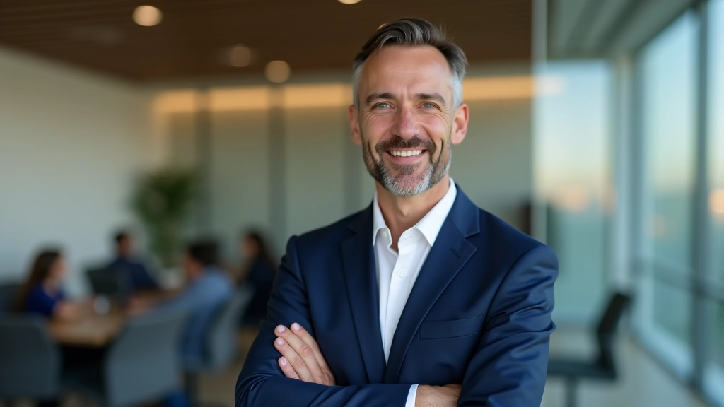 Professional leader in modern conference room, standing confidently with arms crossed, warm lighting