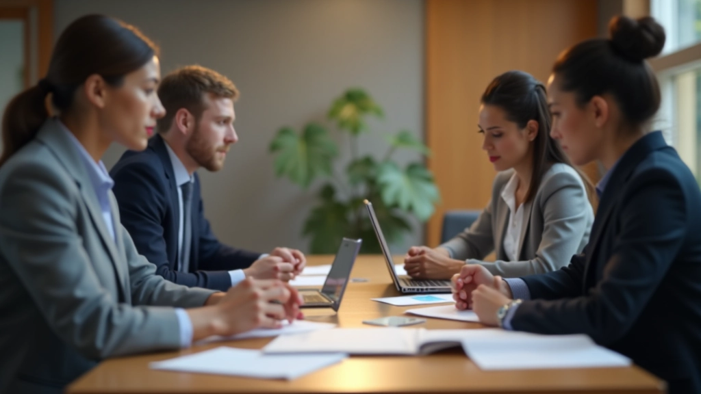 Team of diverse professionals in collaborative discussion, gathered around conference table with documents, engaged and attentive